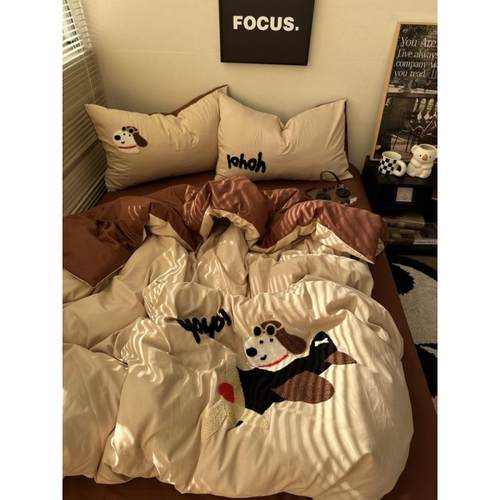 简约学生宿舍床单三件套床上用品被套床笠毛巾绣水洗棉四件套