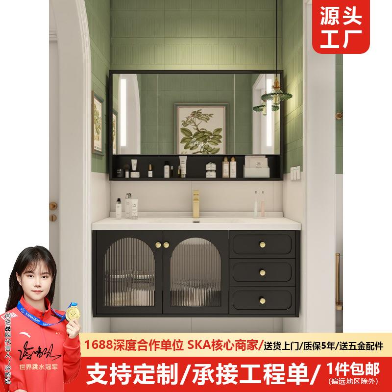 轻奢陶瓷一体橡胶木浴室柜复古卫生间洗脸洗手柜盆组合洗漱台盆