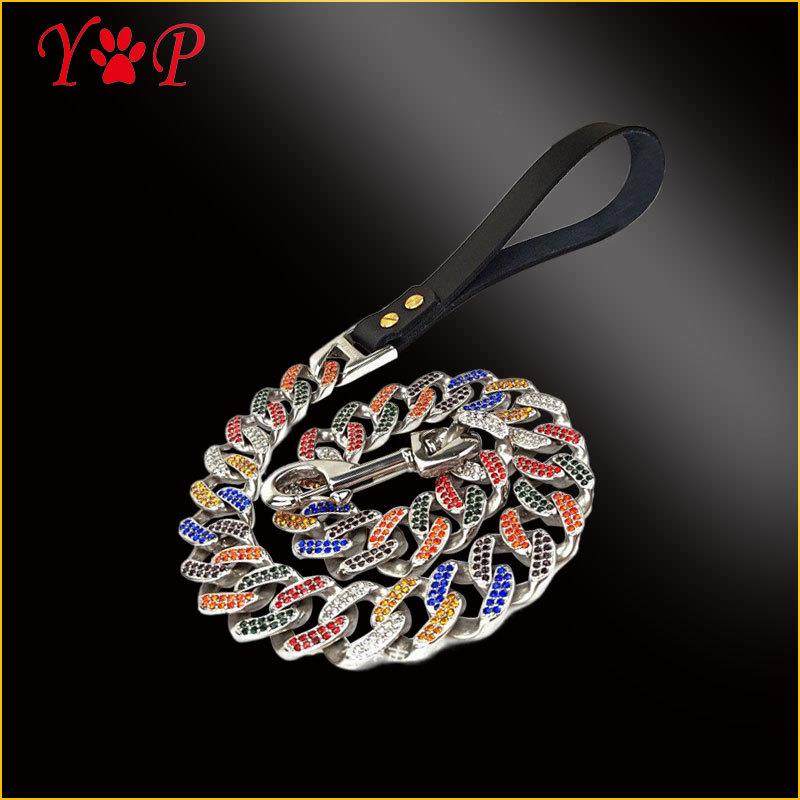 不锈钢铸造七彩狗脖圈项圈牵引绳各色彩钻牵引黑色棕色真皮