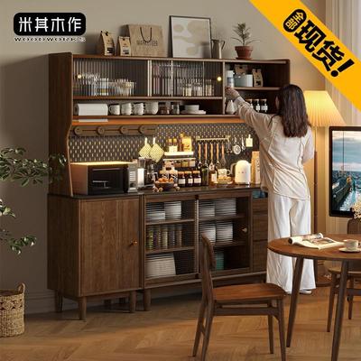 全实木餐边柜靠墙一体岩板茶水柜黑胡桃色客厅家用厨房储物置物架