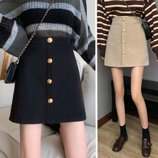 速发毛呢半身裙秋冬高腰冬天配毛衣A字裙大尺风港码短裙学生包裙