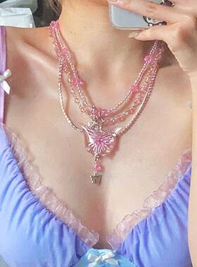 【巴黎春天】粉色蝴蝶重工项炼超美灵动闪耀纹理色泽夏天项炼