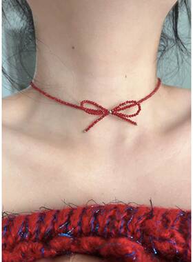 手工红色水晶珠串蝴蝶结项链手链耳钉小众甜美