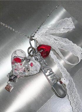 原创设计蕾丝彩钻爱心朋克别针多戴法锁骨项链毛衣链