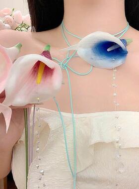 马蹄莲花朵项链女春夏新款气质锁骨链手作水晶珍珠项链