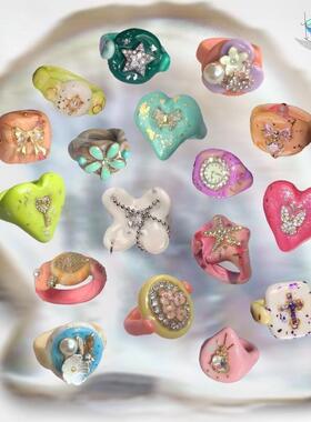 原创设计小众彩色ins夸张闪锆石珠光戒指女