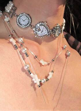 设计 重工多层珍珠爱心表盘项链Choker