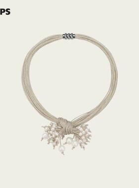 小众设计绳结珍珠项炼 炼  原创高级感气质银色流苏毛衣炼 炼