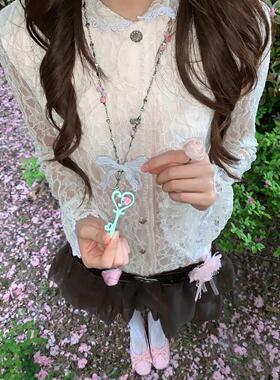 玫瑰藤蔓蝴蝶结爱心钥匙项链女甜美少女风可爱小众百搭毛衣链配饰