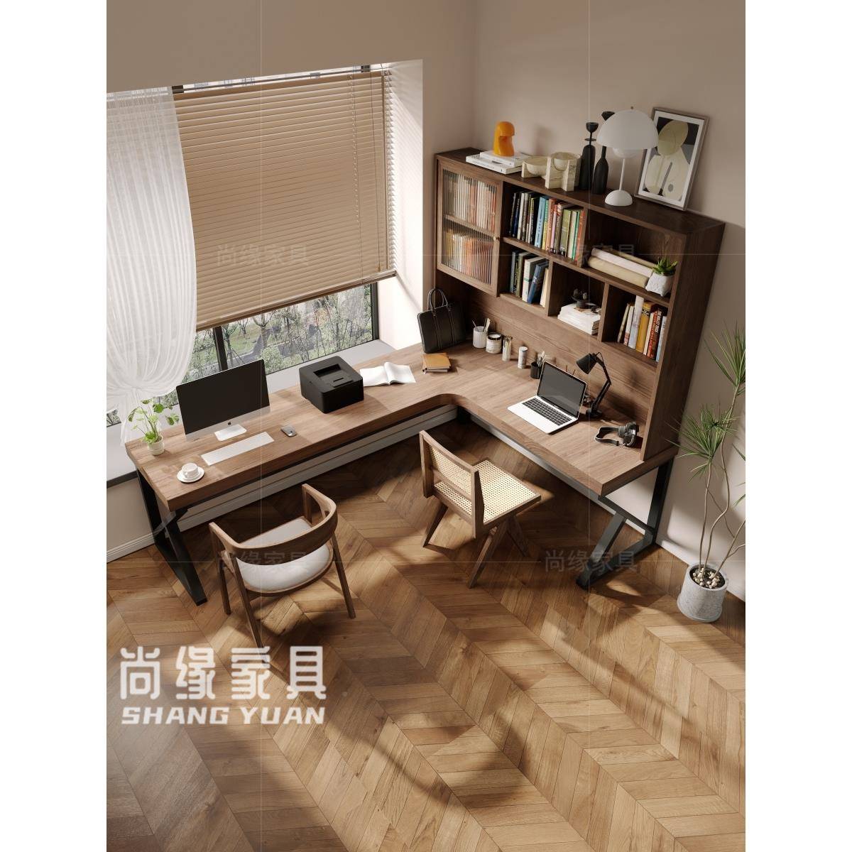 ?实木转书桌书柜家用IFA拐双公人办桌角书房靠墙l角型电脑桌书架