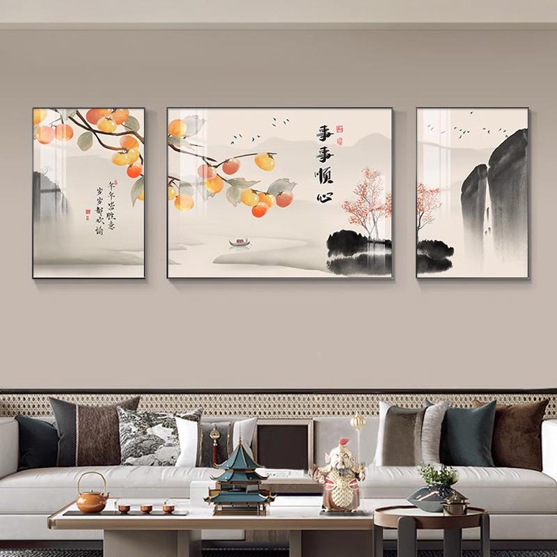 新中式客厅免表箱装饰画ORH三电联打孔配电遮挡挂画柿子箱开关盒