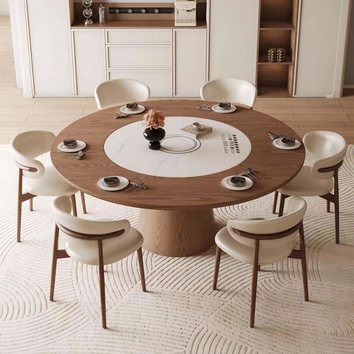 中古木桌家用多风功能带暖实菜电磁炉旋转转盘圆形胡餐EYX桃色饭