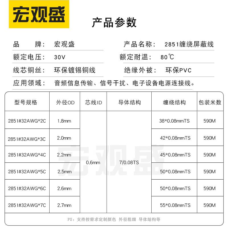 小外径多芯音频线2851-32awg 2 3 4 5 6 7芯黑色灰色抗信号屏蔽线