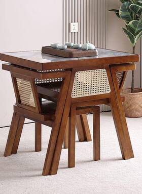 实阳三木件套QET藤编款桌椅台桌椅新款中岩板组合式休闲办公茶几