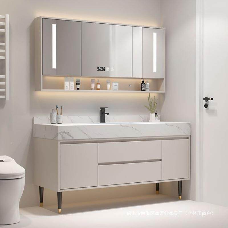 奶油浴室柜风组合落地款柜款岩一体无缝盆卫生间板洗手洗漱767双