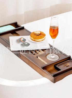 工厂制浴缸架毛巾竹托盘看书架伸缩款置EIR浴缸物架可收纳竹架