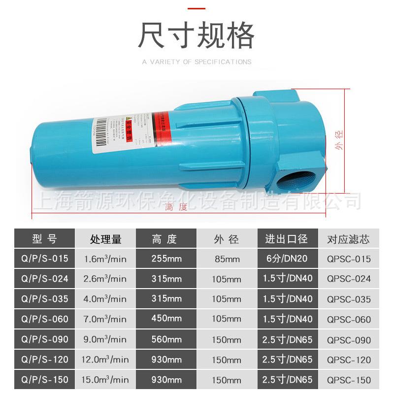 015压缩空气精密过滤器Q/P/S级油水分离器空压机过滤器干燥除油
