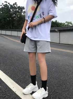 纯色五分运动短裤女夏季薄款宽松休闲直筒阔腿港味ins显腿长中裤