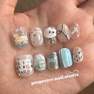 雨衣小狗ins风手工定制穿戴甲显白高级感金鱼袋美甲贴片假指甲