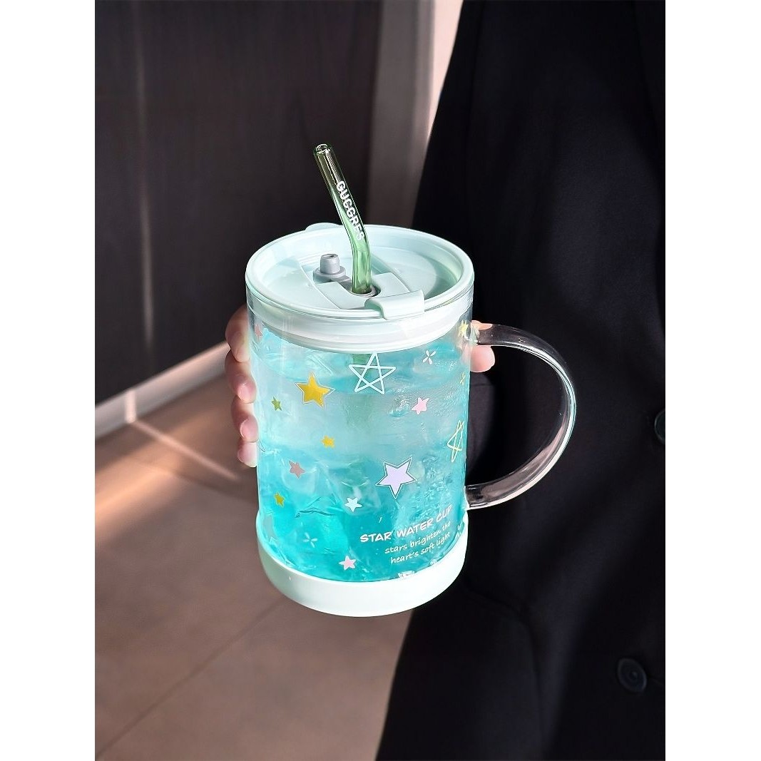 大容量玻璃杯女生带盖吸管杯办公室带把手水杯家用饮料果汁杯子男