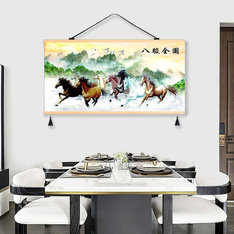 客厅油画布中式八骏图横版墙布挂布画马到成功床头电表箱挂画