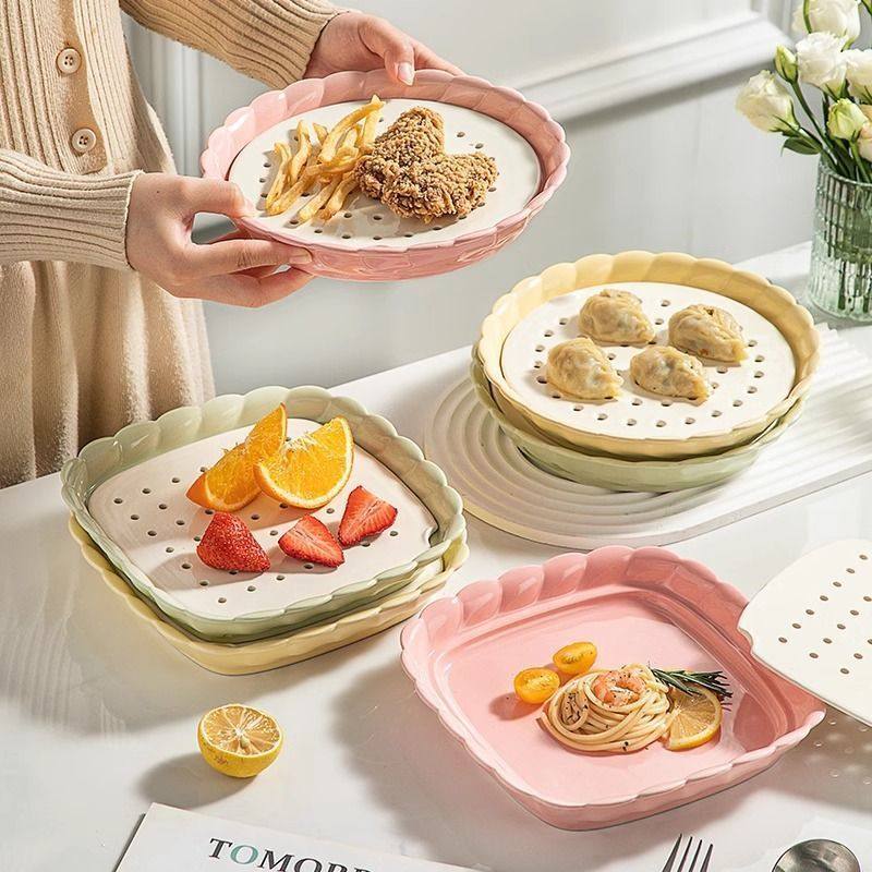 沥水沥油陶瓷盘精致双层蒸笼多功能菜盘烤箱微波炉可用烤盘餐盘