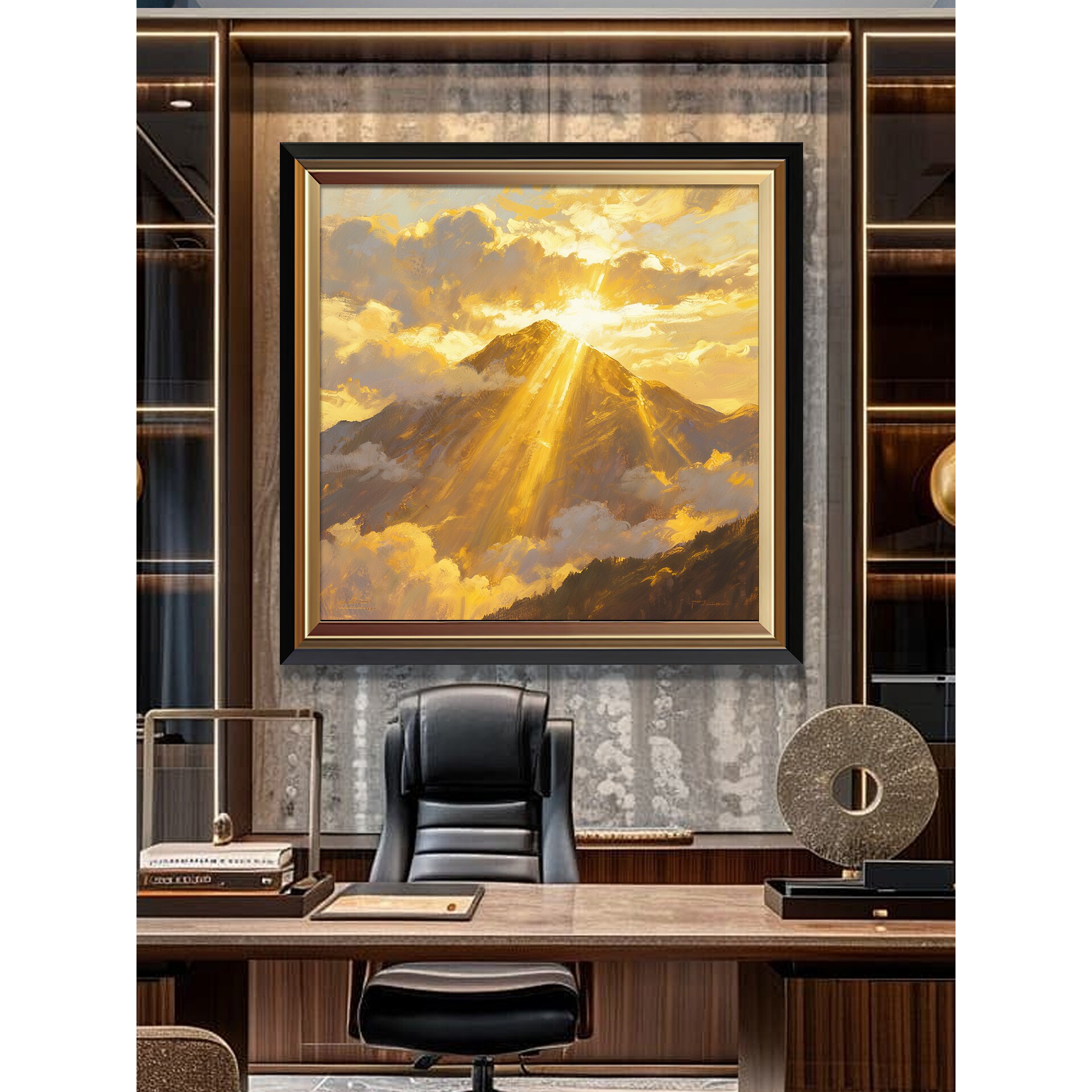 背有靠山油画装饰画日照金山欧式挂画办公室玄关客厅美式轻奢壁画