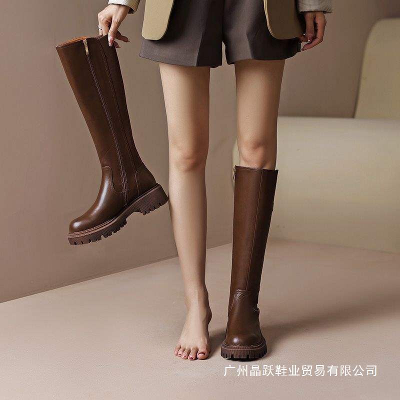 棕色不过膝长靴女秋冬百搭小个子厚底显瘦高筒骑士靴新品长筒靴子