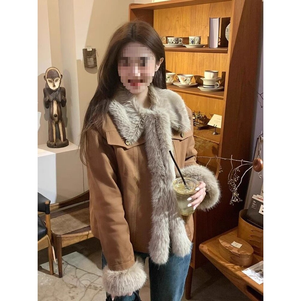 美拉德复古棕色毛茸茸外套女冬季2025新款感牛仔拼接毛毛上衣