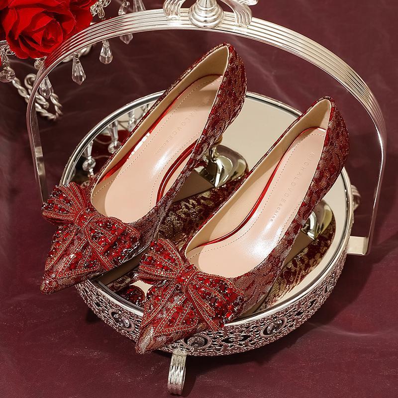 红色婚鞋新娘鞋婚纱秀禾两穿2025年秋冬新款低跟高跟鞋女细