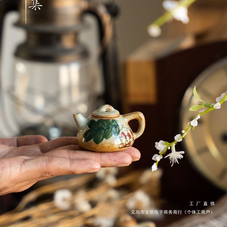 旧集景德镇手绘把把壶小号陶瓷茶壶把玩玩具摆件小众创意工艺品用