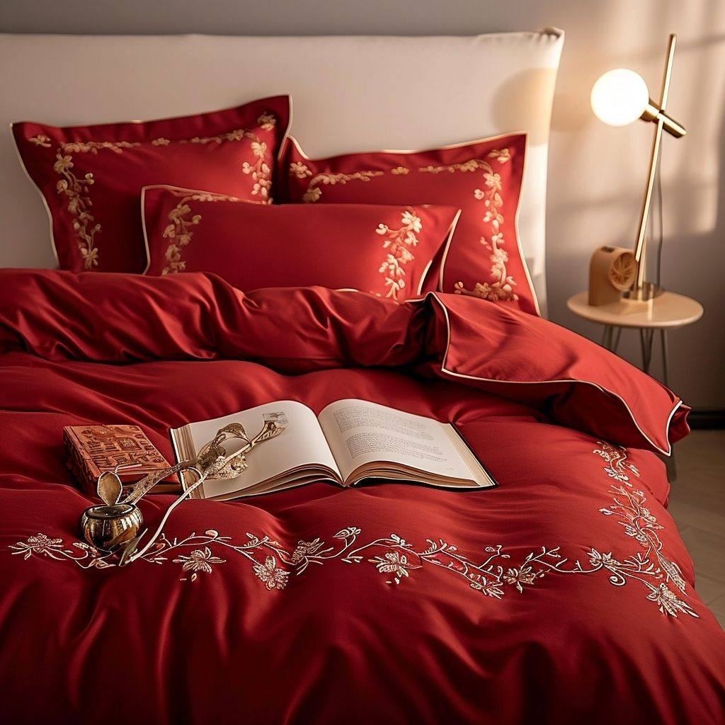 欧式高端浪漫结婚四件套红色高级感婚庆喜刺绣被套床单床上用品