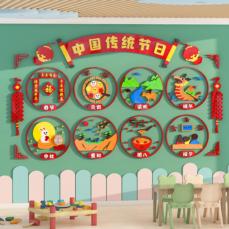 幼儿园墙面装饰成品传统节日文化墙贴非遗环创材料主题墙走廊布置