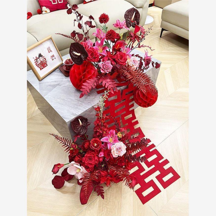 婚礼红色花成品发货布置客厅茶几摆件结婚新房男方床头假花艺