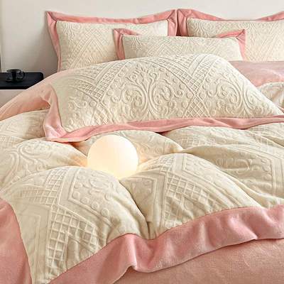 加厚雕花牛奶绒床上四件套2024新款冬季双面珊瑚绒被套法莱绒床单