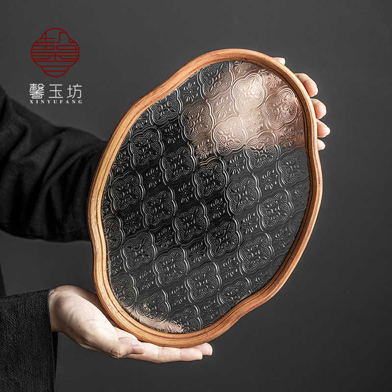 复古海棠花玻璃茶托盘日式竹制泡茶盘水果茶点盘桌上收纳盘茶奉