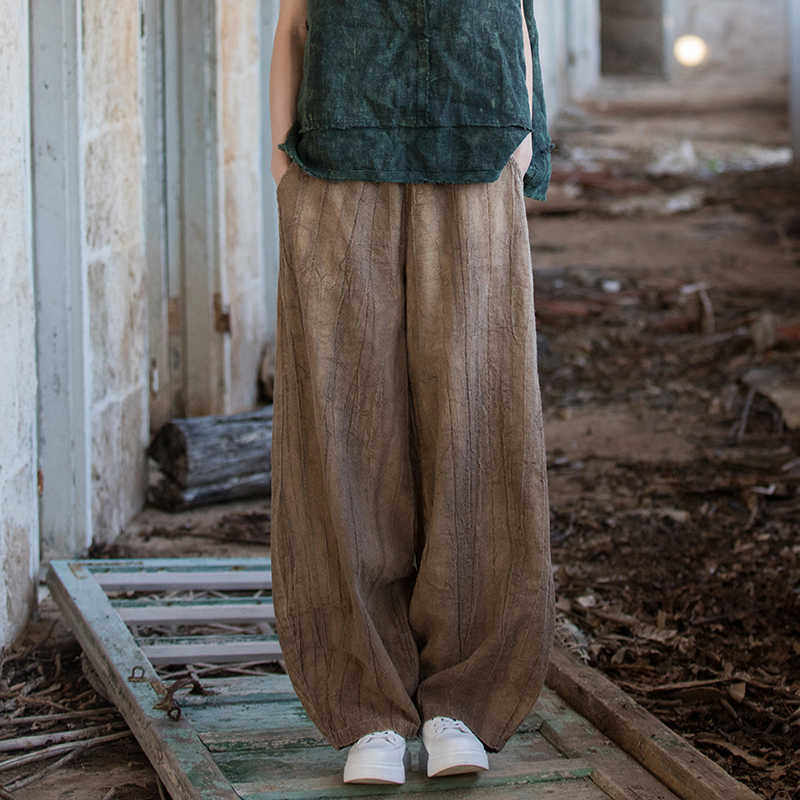 复古时尚太极裤女 棉麻扎染宽松太极服练功裤晨练裤武术裤灯笼裤