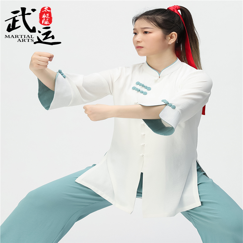 武运太极服女中国风夏季新款中袖低领练功表演飘逸武术服套装短袖