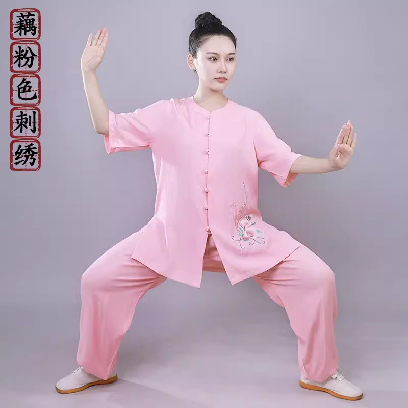 夏季太极服女圆领珍珠扣棉麻短袖武术服中老年太极拳八段锦练功服