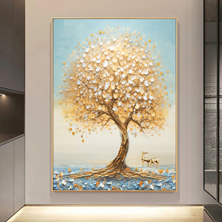 手绘油画入户玄关现代立体装饰画发财树鹿客走廊过道壁画轻奢挂画图片