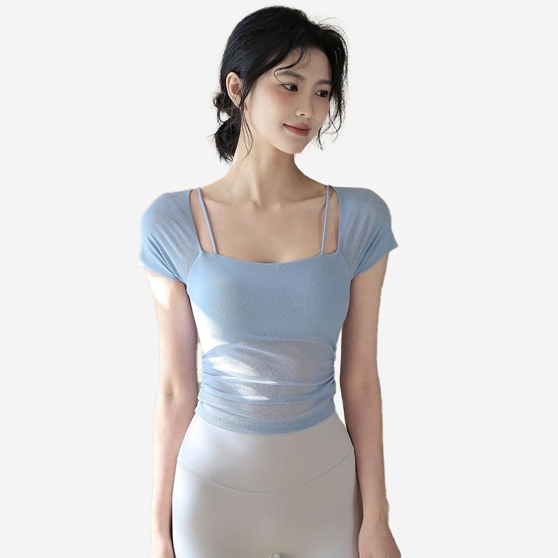 LULU夏新款带胸垫蓝色短袖T恤女气质修身显瘦设计感方领运动上衣