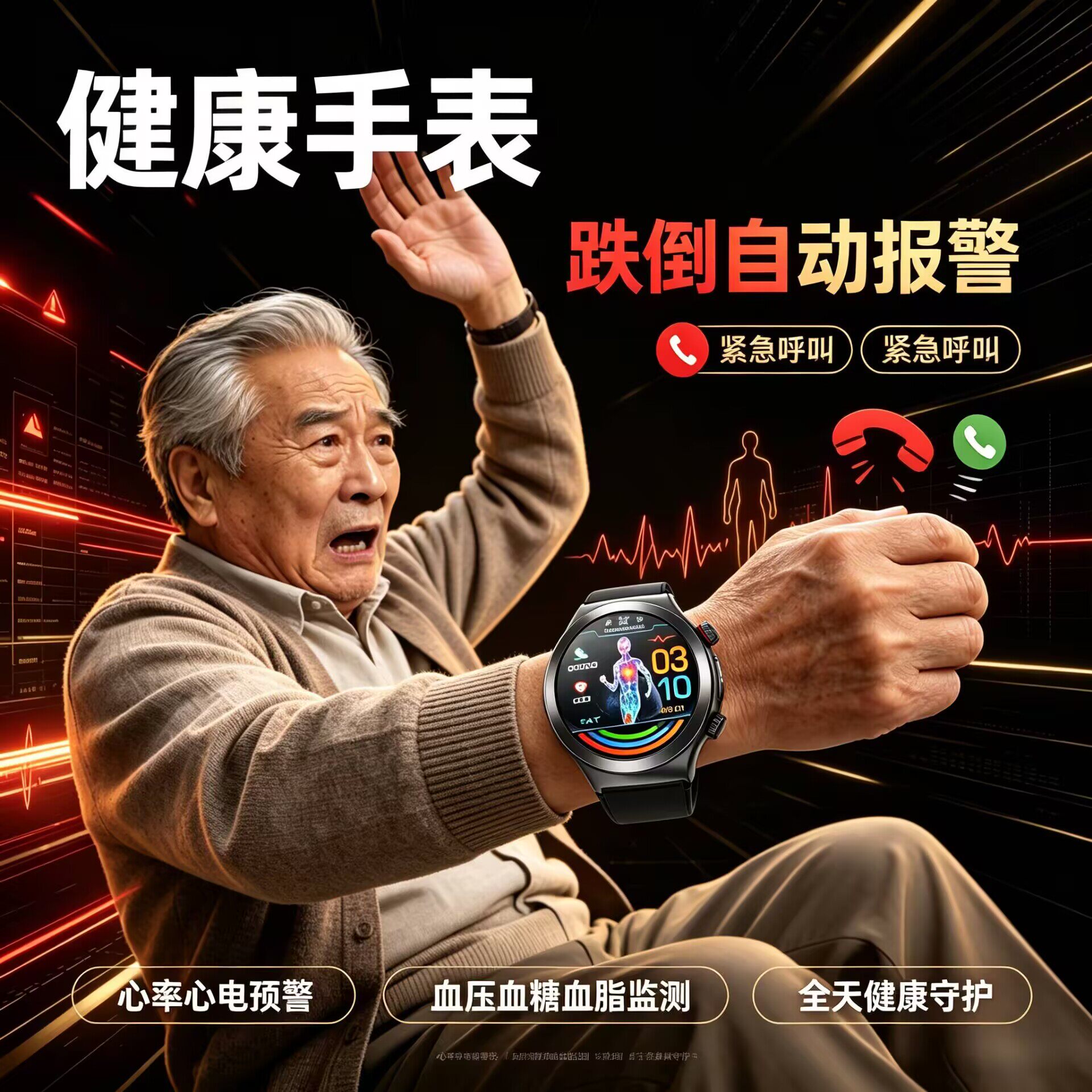 【跌倒SOS呼救】老人血压血糖血脂评估健康手表智能心率预警定位