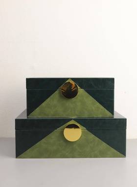 欧式绿色皮革收纳盒桌面展厅摆件样板房间衣帽间首饰盒软装饰品