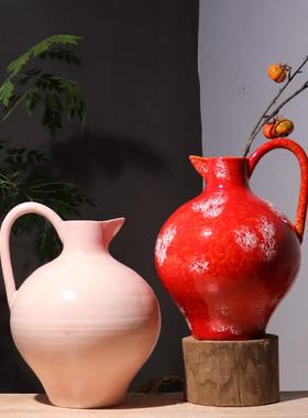时尚小清新红色陶瓷奶壶花瓶摆件客厅插干花餐桌中式创意装饰摆件