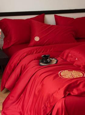 高端婚庆四件套高端轻奢长绒棉床单大红色喜被婚床婚嫁双人床品1.