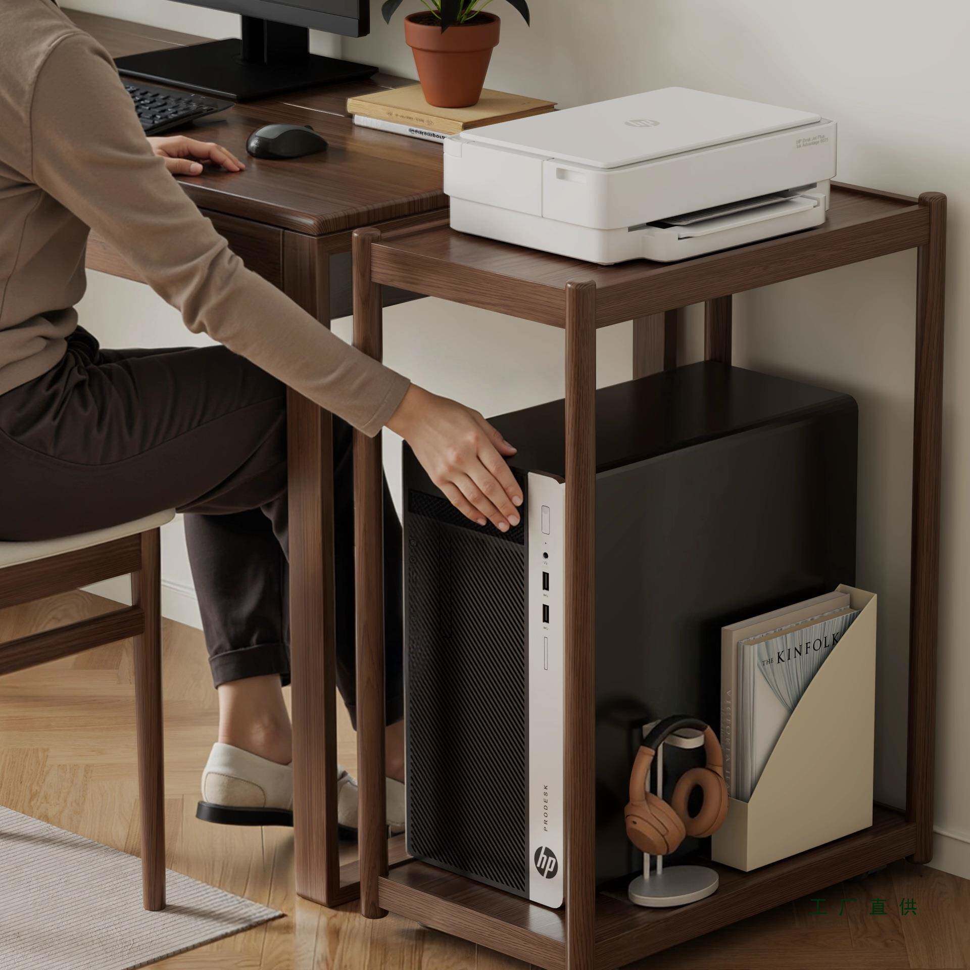 电脑主机托架打印机放置柜实木台式底座双层移动机箱支架置物架