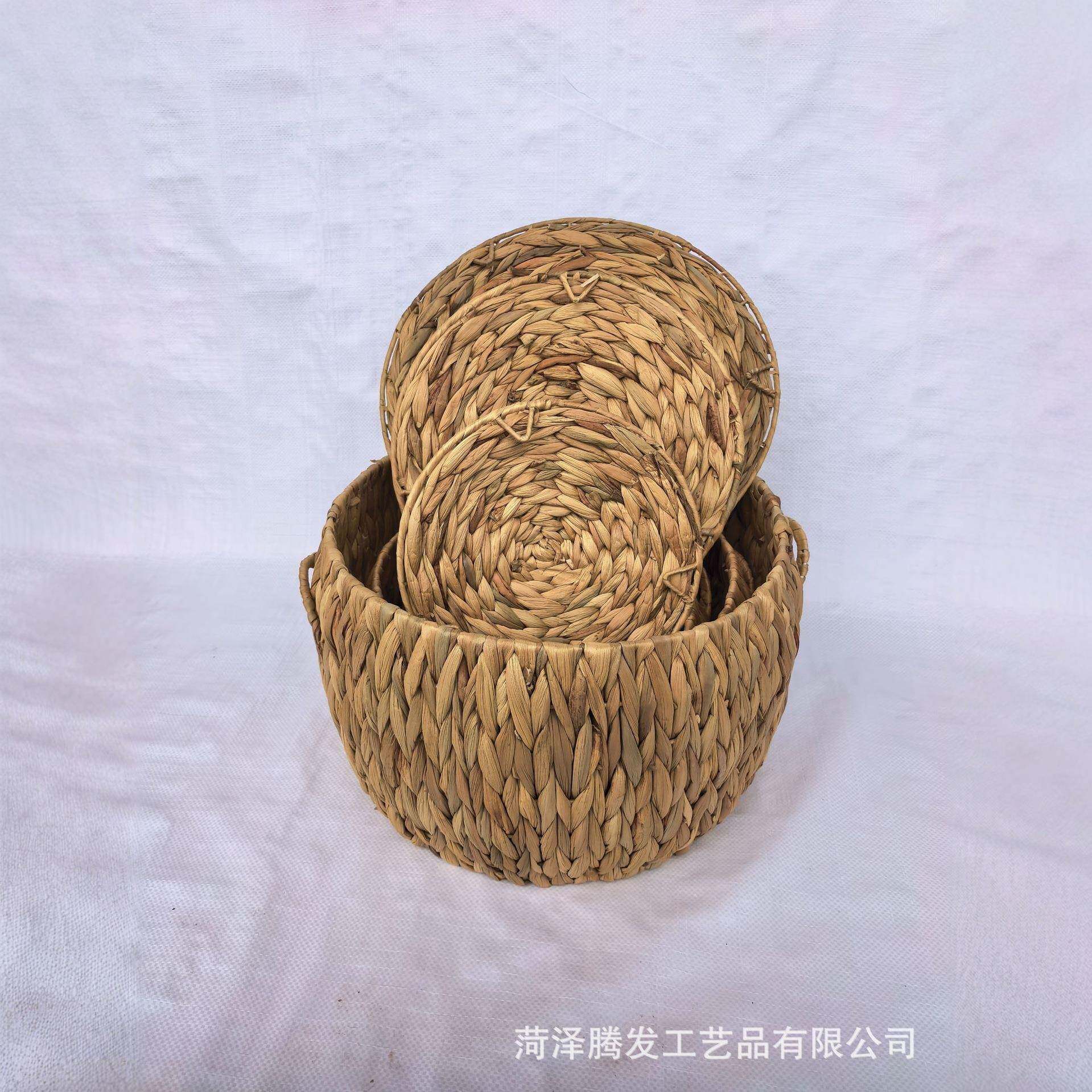 编织收纳筐水芦葫手TF-0802工圆篮形3件带套盖储物筐田园风草编储