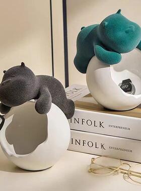 玄关收植狗钥慵懒绒卡通现NJ017代树脂工艺品钥匙河马绒面纳收盘