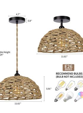 新中式吊531灯绳手工编织棉灯罩跨半圆直径30cm境北美美站式餐厅