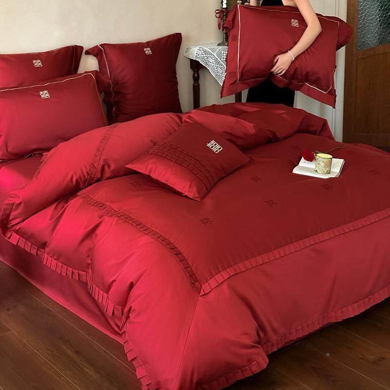 婚庆轻奢00长绒棉1四S件套全棉喜字刺绣红纯X24棉结色婚被套床单,床上用品,婚庆床品套件,淘宝优惠券,粉丝福利购,淘宝优惠卷